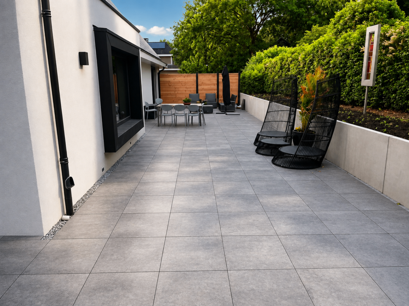 Nieuw terras met tegels en houten schutting in een gerenoveerde tuin