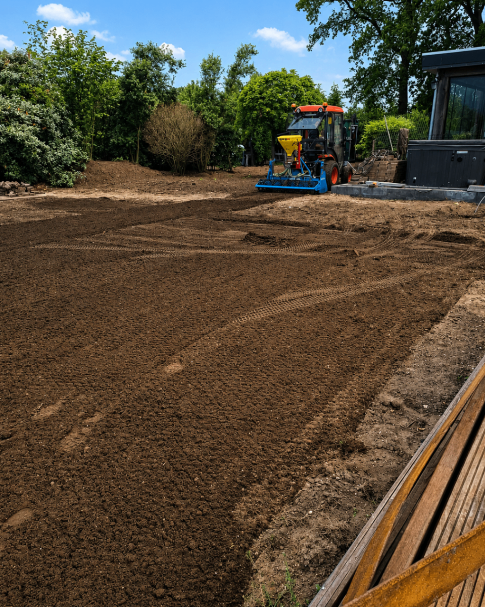 Tractor met zaaimachine die een nieuw gazon inzaait
