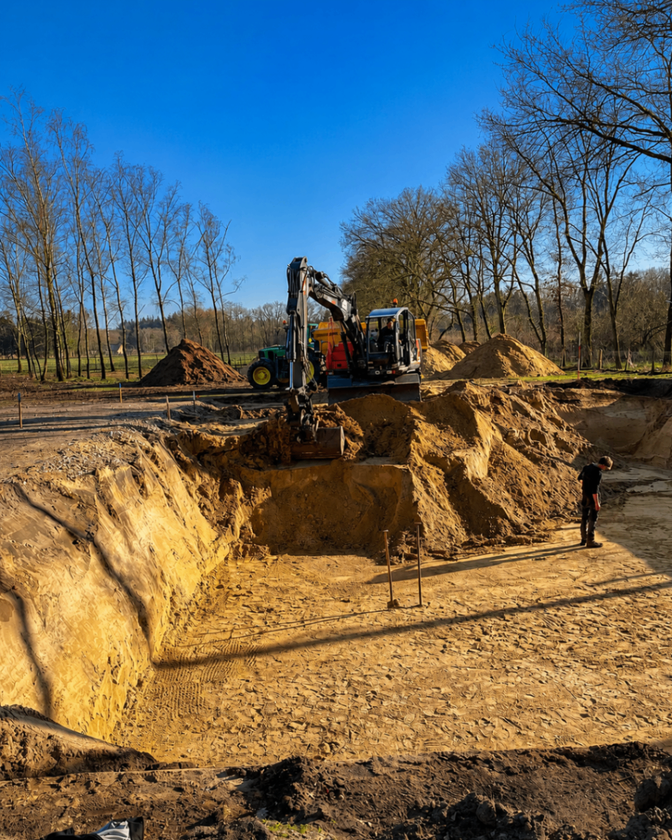 Mobiele kraan en dumper aan het werk op een bouwput