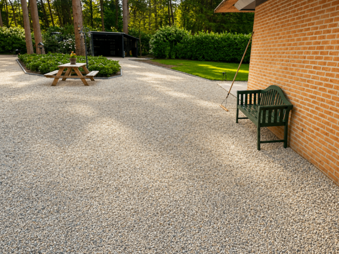 Grindverharding op een erf met terras en bijgebouw
