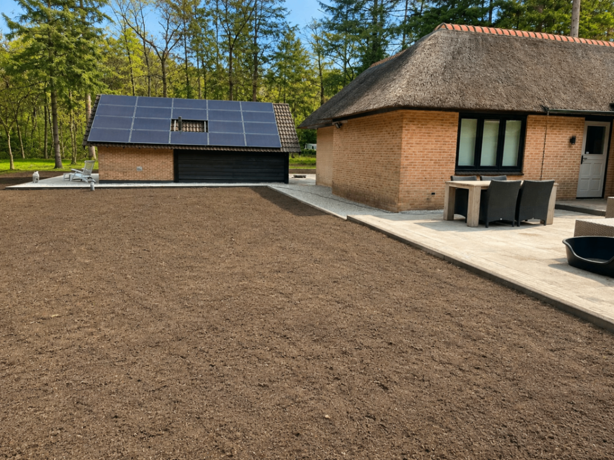 Tuin geëgaliseerd en grond klaargelegd naast woning met terras